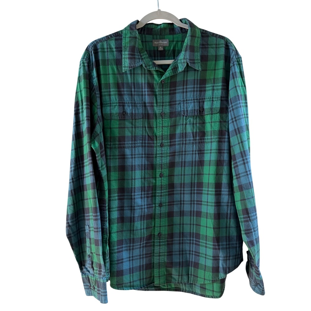 LL Bean Signature Slim Fit Button Down Shirt Mens XL Green Plaid Cotton 300564